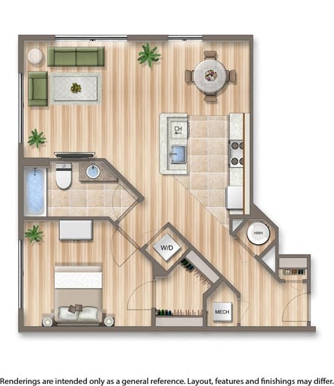 Floor plan for 1 bed, 1 bath, 766 sqft